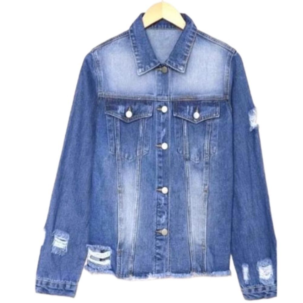 Ladies Distressed Raw Hem Ripped Denim Jacket Size XXL